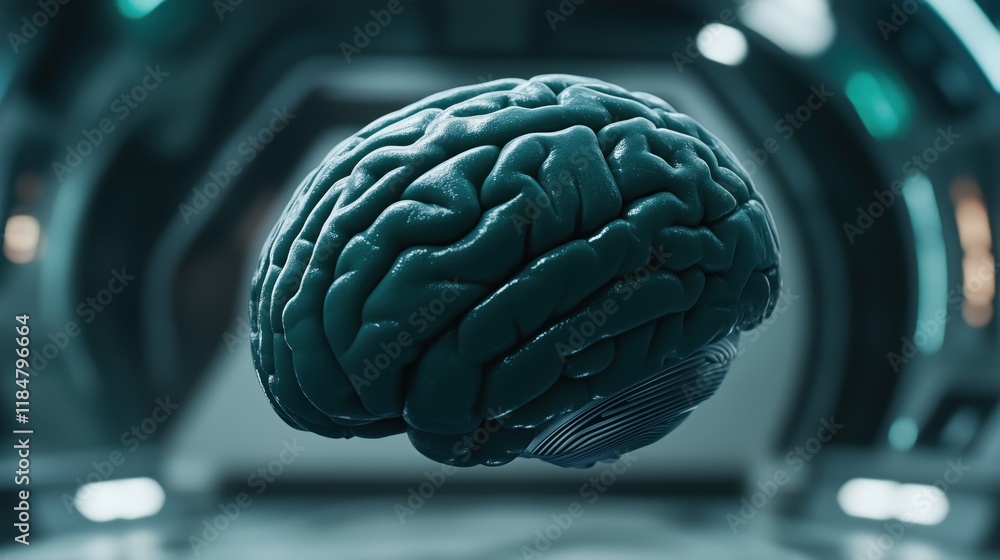 Poster highly realistic brain is levitating in a modern lab designed for advanced research, emphasizing the