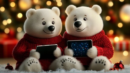 Two Polar Bears in Sweaters Using Tablets for Christmas - Festive polar bears in red sweaters, using tablets, symbolize Christmas cheer, technology, winter holidays, togetherness, and heartwarming mom