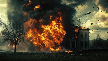 Fototapeta premium A powerful explosion claims a dilapidated structure, sending flames and debris soaring against an ominous sky. The scene captures the intensity of chaos and devastation in a quiet landscape