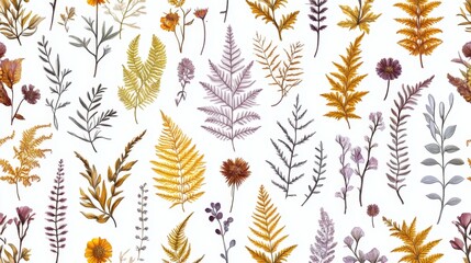 Autumnal Botanical Watercolor Seamless Pattern  Golden Ferns, Purple Flowers  Delicate Branches