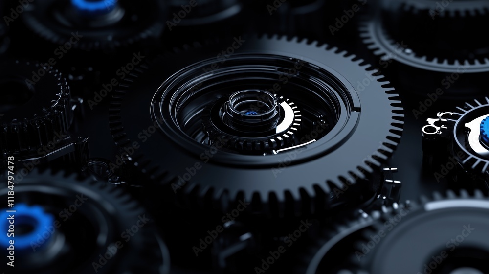 Poster intricate black gears mesh together, demonstrating the precision of mechanical engineering. each gea