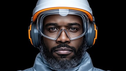 man with a beard wears protective gear, including a helmet and goggles, emphasizing safety in an industrial environment