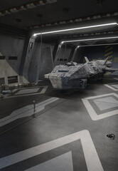 Space Ship inside a Hangar Deck, 3d digitally rendered science fiction illustration