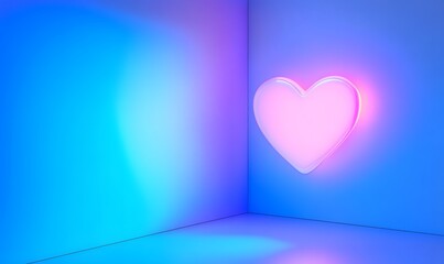 Glowing pink heart in a blue room corner.