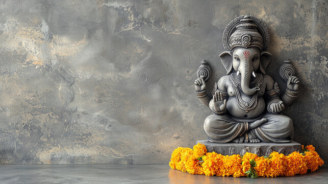 Hindu god Ganesha sculpture on grey background with copy space. Decorated for religious festival by orange flowers necklace and ceremonial offering. Travel background, Bali island art and culture.
