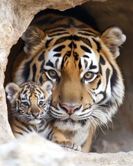 Fototapeta premium Tender moments between mother tiger and her cub in natural habitat wildlife close-up emotional connection