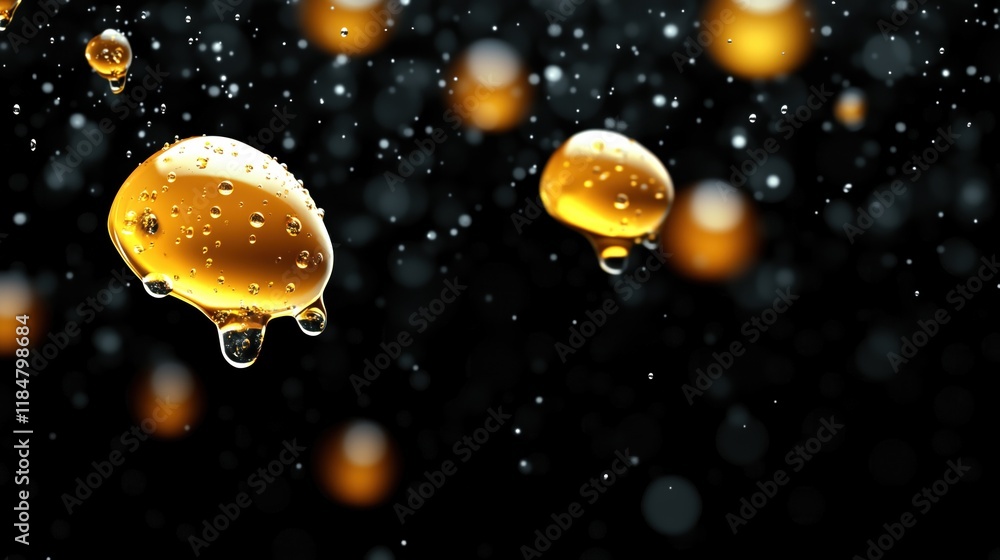 Poster golden droplets appear to float in a dark background, creating a captivating display of light and te