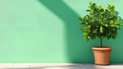 small green plant thrives in a round terracotta pot, positioned beside a refreshing mint-colored wall. Natural sunlight casts soft shadows, enhancing the tranquil atmosphere