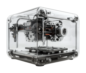 Innovative desktop printer machine in transparent case high fidelity technology showcase modern office close-up view isolated on transparent background png