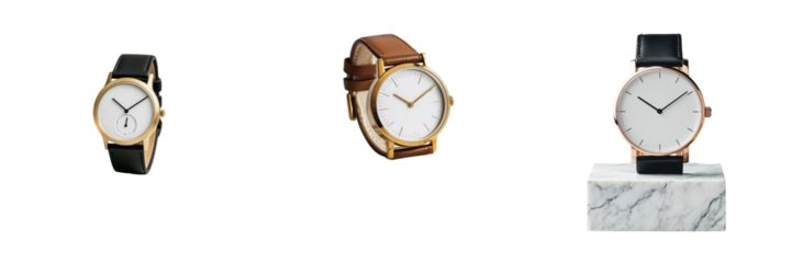 Set of A close-up shot of the B001 watch with a gold case on transparent png background