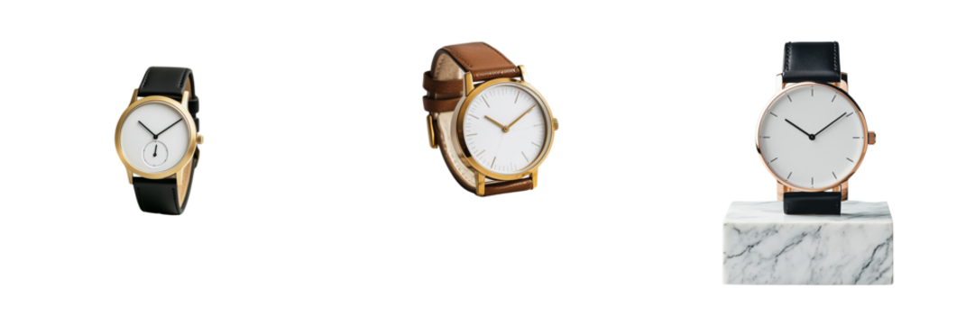 Set of A close-up shot of the B001 watch with a gold case on transparent png background