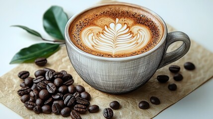 Latte art in a grey cup with coffee beans.