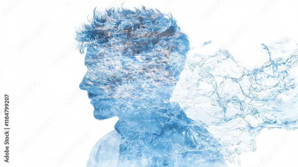Poster dynamic minimalist art style of a person blending with water studio setting digital artwork conceptu