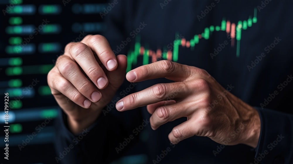 Poster hands of an investor are engaged in analyzing stock market trends while using a digital display. scr