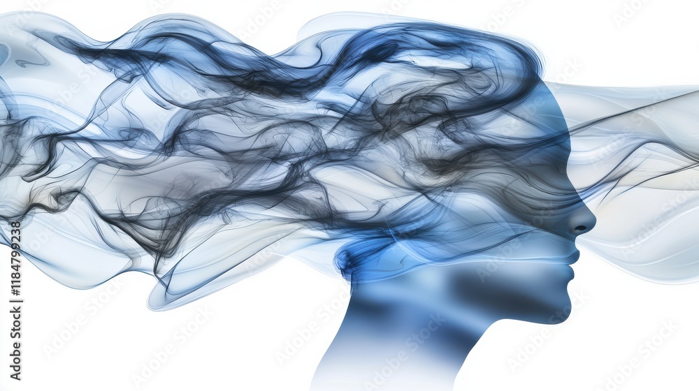 Poster dynamic minimalist art of a person in blue smoke abstract concept studio environment side view for c