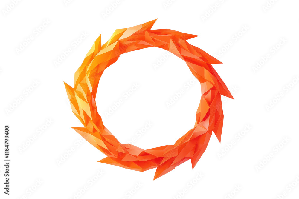 Poster a vibrant, abstract orange polygonal circle with sharp, angular edges on transparent background. geo