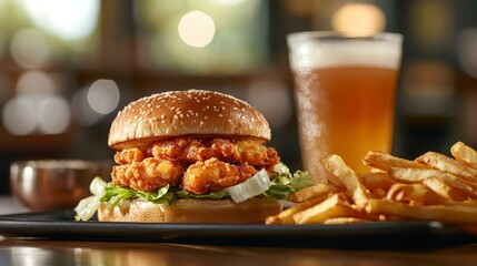 Classic fast food meal with a burger, fries, and beer on a table in natural light