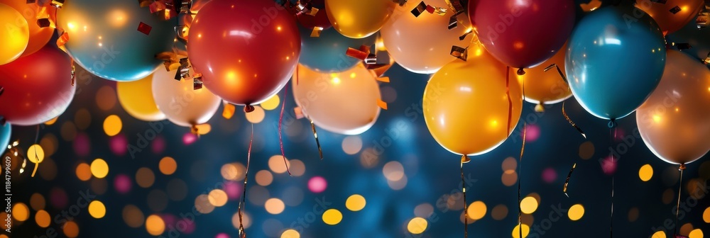 Poster colorful festive balloons and party lights create a joyful atmosphere for celebrations and gathering