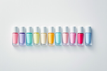 Aesthetically pleasing flat lay of pastel-colored nail polish bottles arranged in a neat row, clean white background, minimal design.