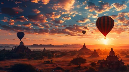 A serene sunset over ancient temples, with hot air balloons drifting in the colorful sky.