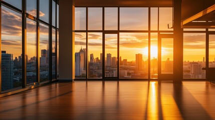 Fototapeta premium A Room With Large Windows Overlooking a City Skyline at Sunset - Generative AI