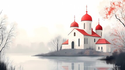 Traditional Orthodox church with intricate architecture and domes, creating a peaceful and inspiring visual, book illustration-inspired design