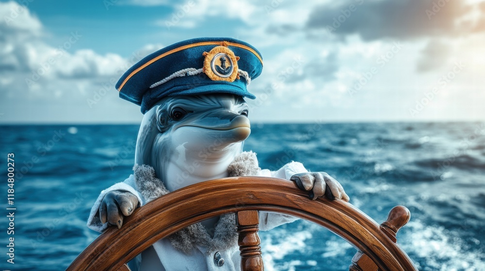 Poster Dolphin dressed as ship captain navigating the vast ocean with a ships wheel. Generative AI