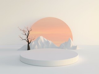 Minimalist Landscape Display with Sunset and Cherry Blossom
