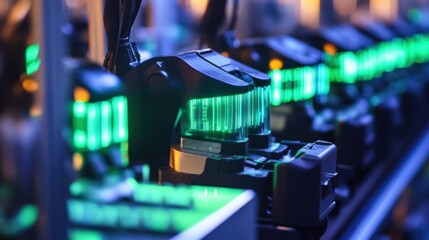 Close up of a cryptocurrency mining rig operating with bright green lights, showcasing the intensive process of generating digital currency