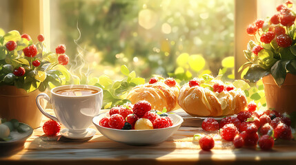 Morning coffee and pastry delight with fresh fruit. Dewlight. Illustration