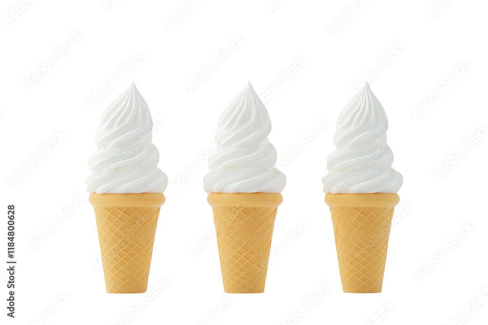Poster a three vanilla soft serve ice cream cones are arranged in row, showcasing their creamy texture and 