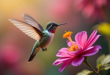 Hummingbird hovering in mid-air as it collects nectar from a vibrant flower - 02