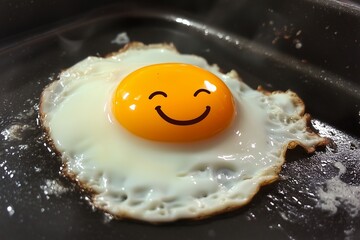 Fried eggs in a pan with a smiley face on the yolk