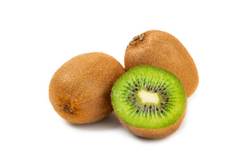 Kiwi isolated on white background. Whole fruit and slices pieces of kiwi on white background. fresh...