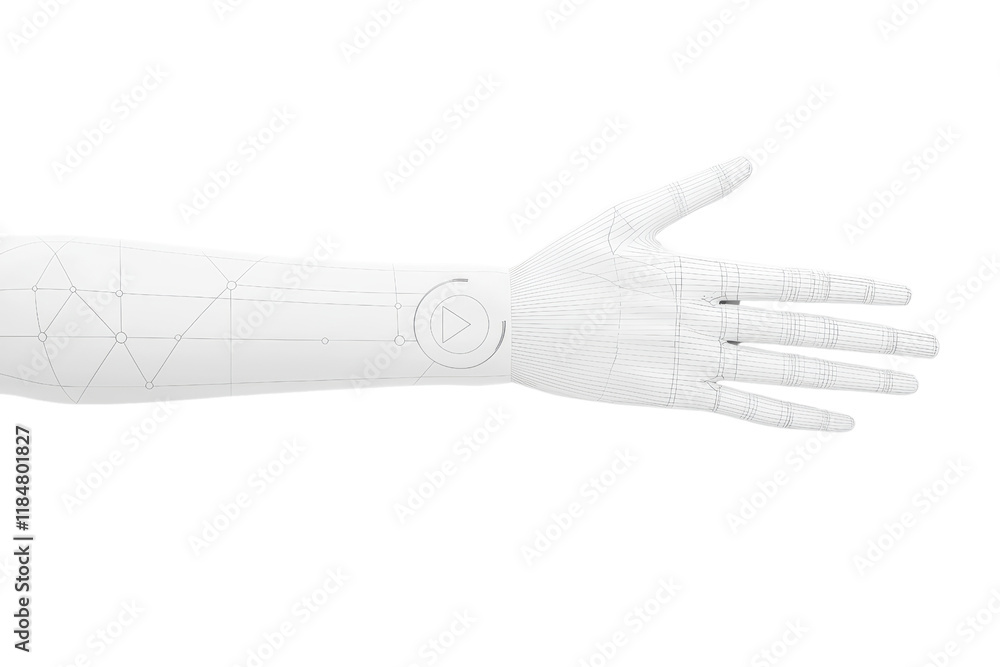 Poster a digital rendering of futuristic robotic arm with intricate wireframe details, showcasing advanced 
