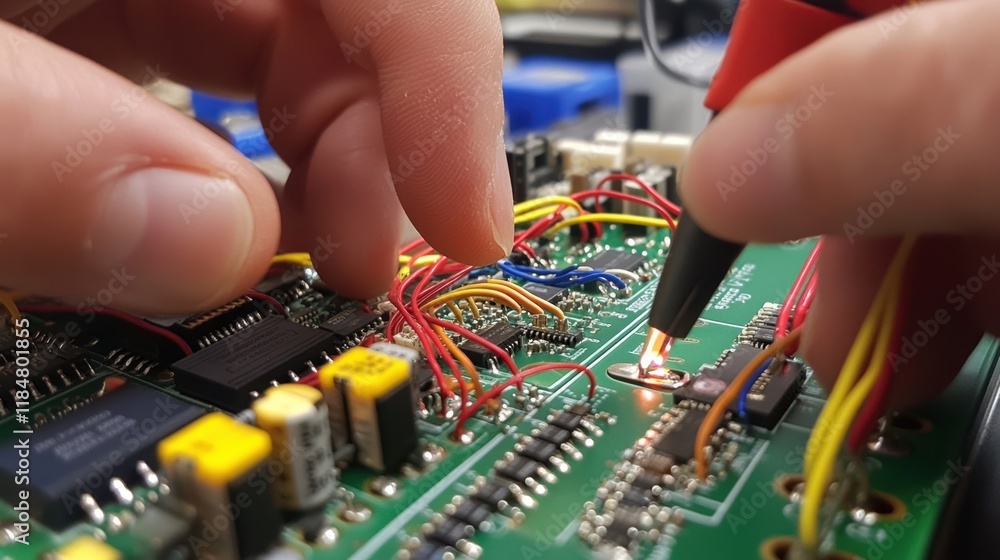Poster technician's hands using multimeter probes to measure voltage on a complex electronic circuit board,