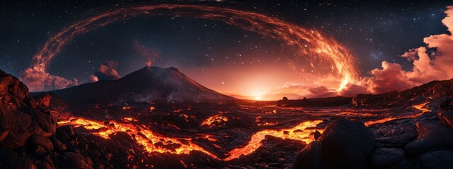 A stunning perspective of a remote volcanic field with glowing lava rivers and a rare, bright planetary alignment forming a celestial arc over the fiery landscape, Volcanic field scene