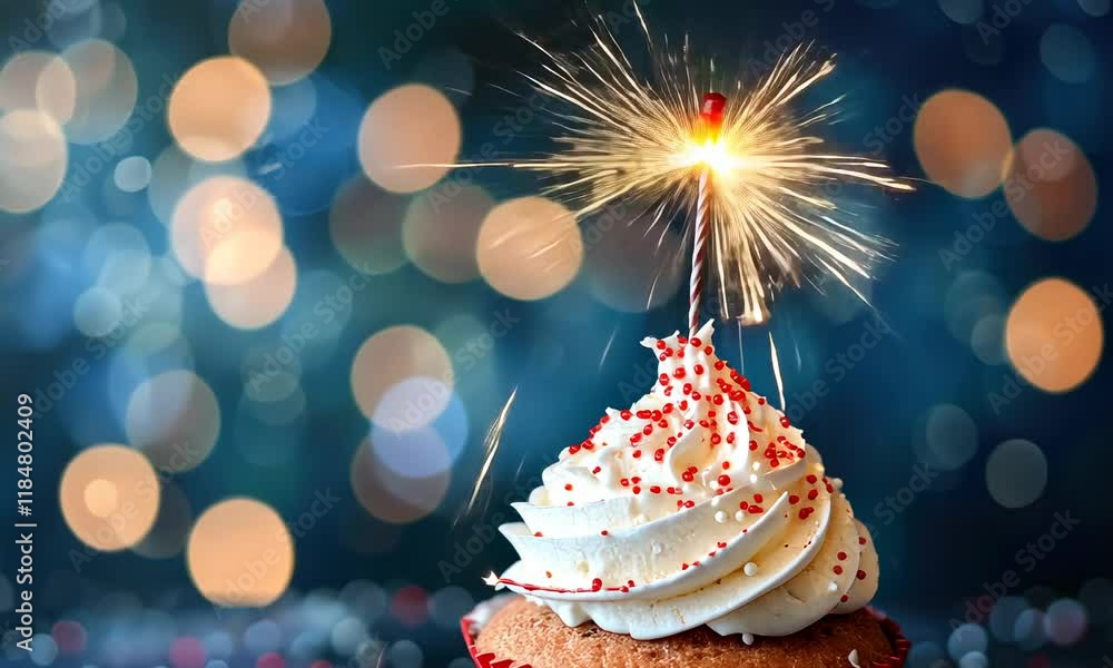 Poster festive cupcake with sparkler and colorful bokeh lights in background