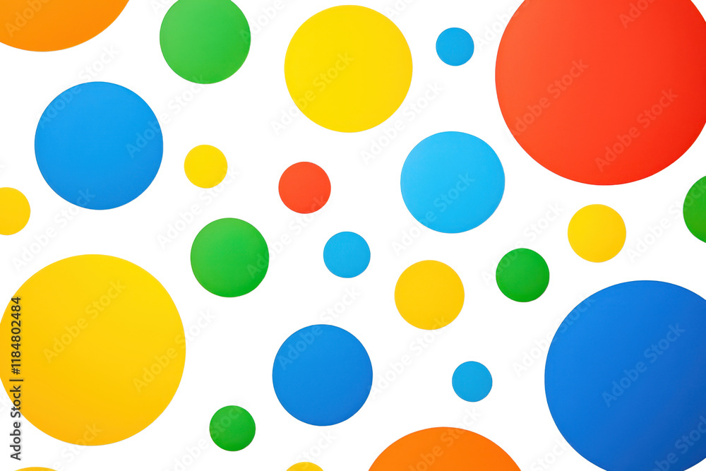 Poster a colorful circles of various sizes in red, blue, yellow, and green are scattered on transparency ba