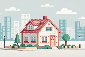 3d cute house pixel art illustration with city landscape background
