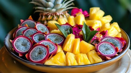 Fototapeta premium A decorative serving bowl with sliced passion fruit, dragon fruit and pineapple creating an exotic fruit composition