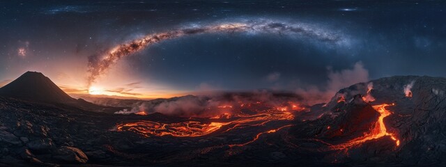 A stunning perspective of a remote volcanic field with glowing lava rivers and a rare, bright planetary alignment forming a celestial arc over the fiery landscape, Volcanic field scene