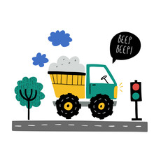 Beep. Cute cartoon baby boy poster with cars Truck in cartoon style. Vector print with cute cars for fabric, textile, postcard, apparel or kids room design.