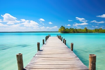 Obraz premium Bacalar Lagoon in the Caribbean: Discovering Mexico's Stunning Blue Bay with Palm Trees, Snorkeling and Beach Boardwalks