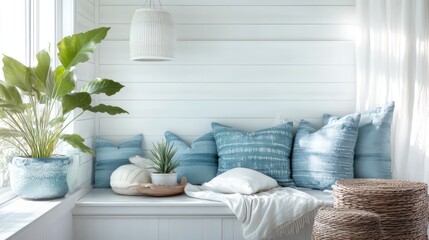 Coastal breakfast nook with white walls, soft blue textiles, and morning light highlighting ocean-inspired elements