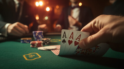 A fun casino royale night party with friends in las vegas, gambling, cards, dices, a pile of red green chips, poker game. A thrilling night of blackjack with players with a deck of cards