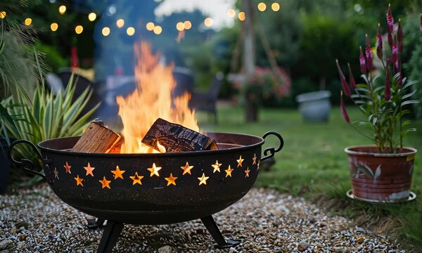 Metal fire pit with wood, surrounded by plants and lights