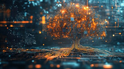 Illuminated digital tree growing from circuit board.