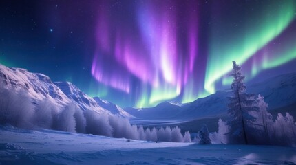 "Create a breathtaking scene of the northern lights illuminating a snow-covered mountainous landscape. The aurora should radiate vibrant hues of purple, blue, and green, cascading across a star-filled