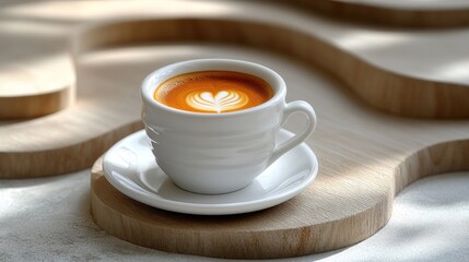 Fototapeta premium Latte art in a white cup on wooden coaster.